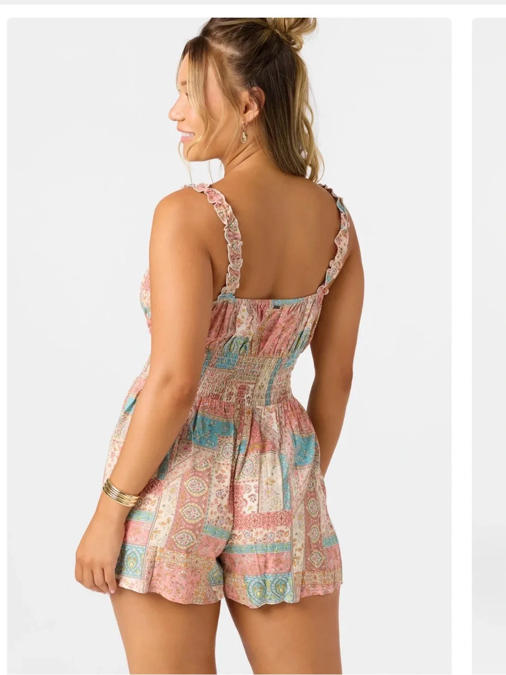 O'Neill Multicolor Paisley Smocked Romper in Coral, Teal & Cream - Picture 2 of 7